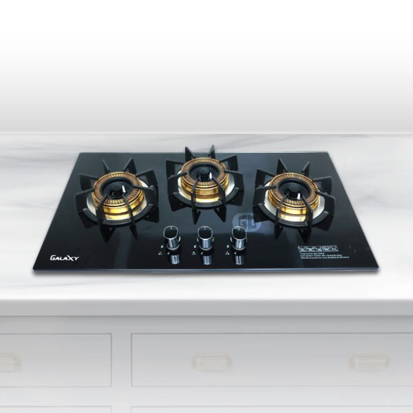 3 Big Brass Burner Black Glass Hob